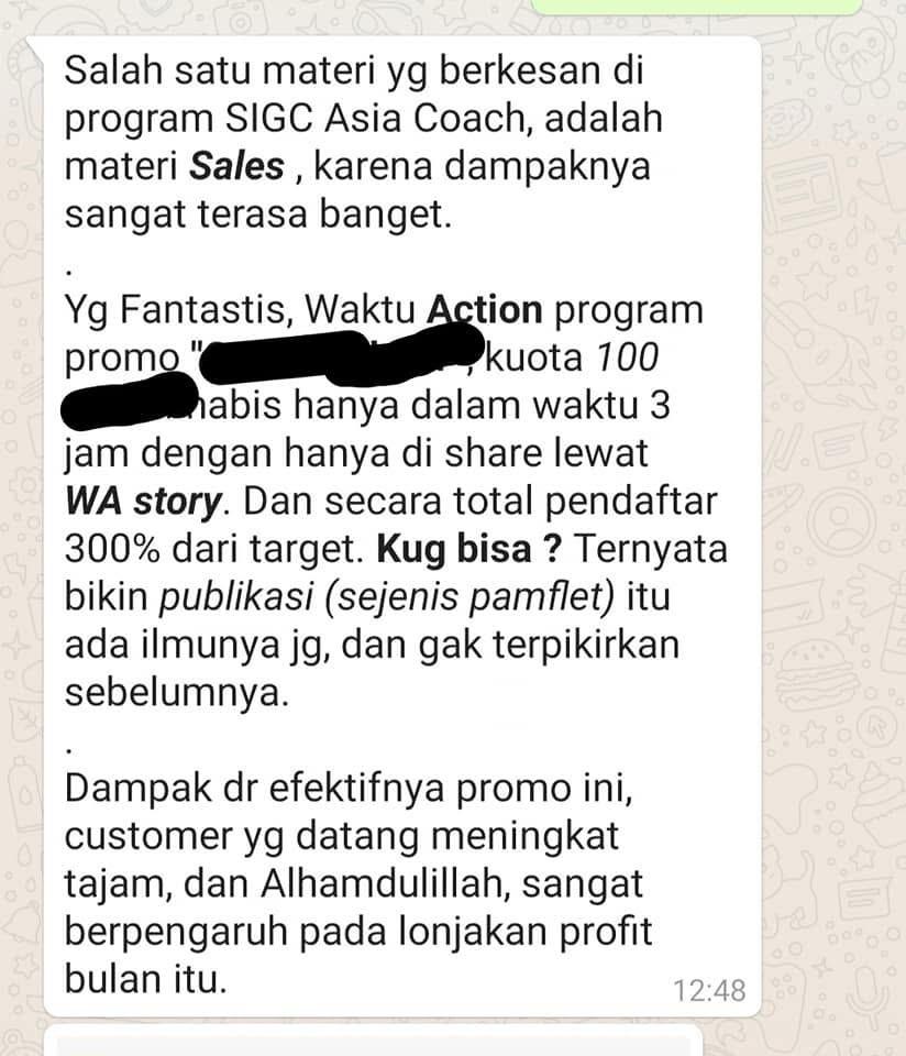 Testimoni peserta mengenai materi sales funnel dan peningkatan closing booth